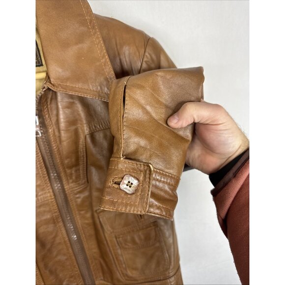 Vintage The Bay 100% Leather Jacket Men 36 Tan Bomber Style 70s Hippie - Picture 2 of 9